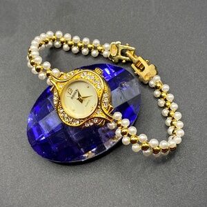 SASSON Gold Tone Faux Pearls Band  Rhinestones Cottagecore Womens Watch